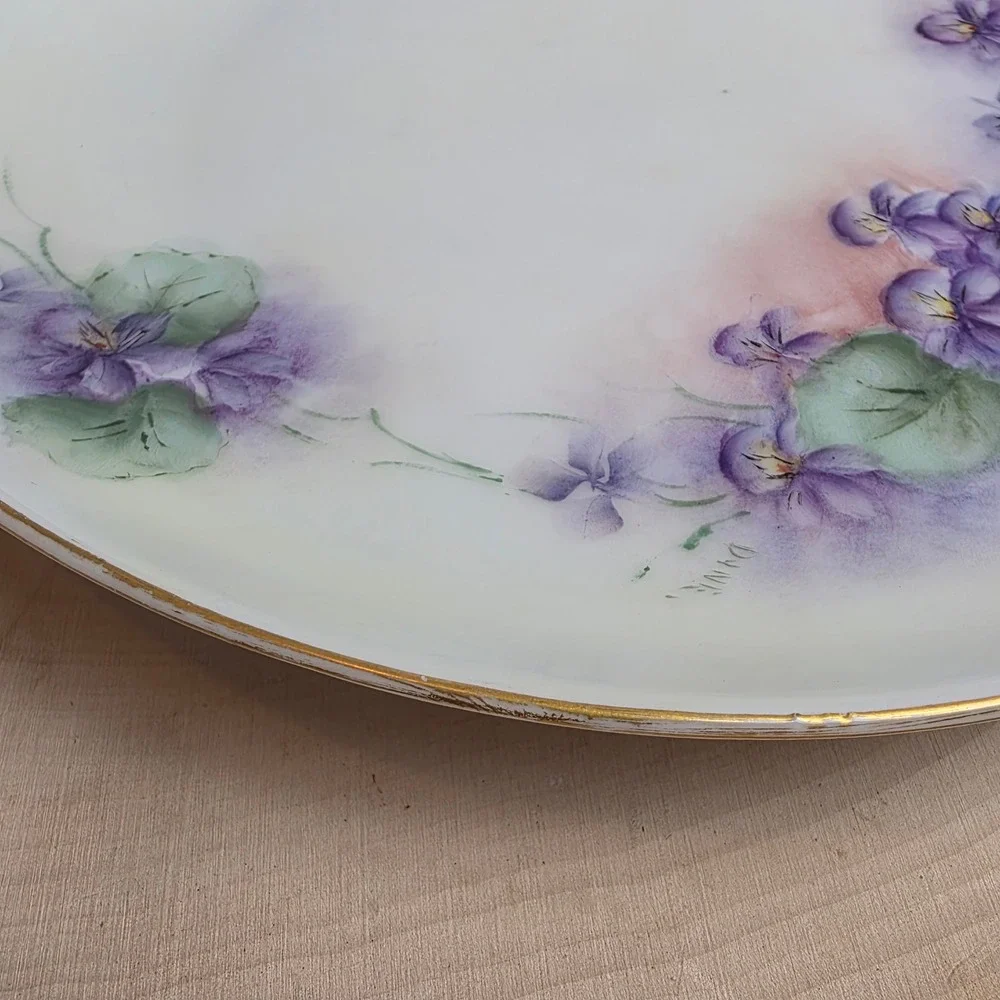 Antique Hutschenreuther Hand‎ Painted Porcelain Violet Cake Plate Gold Handles